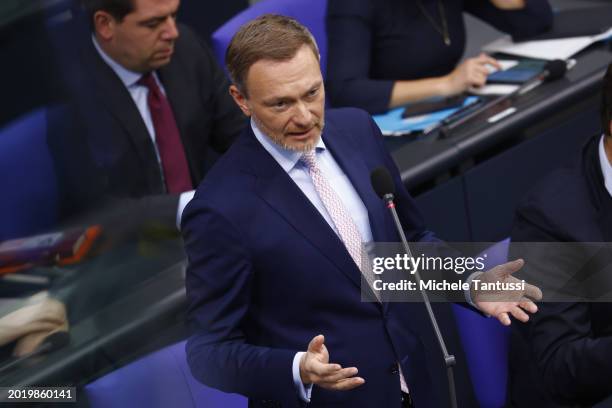 Federal Finance Minister Christian Lindner answers questions from parliamentarians during a Q&A session at the Bundestag on February 21, 2024 in...