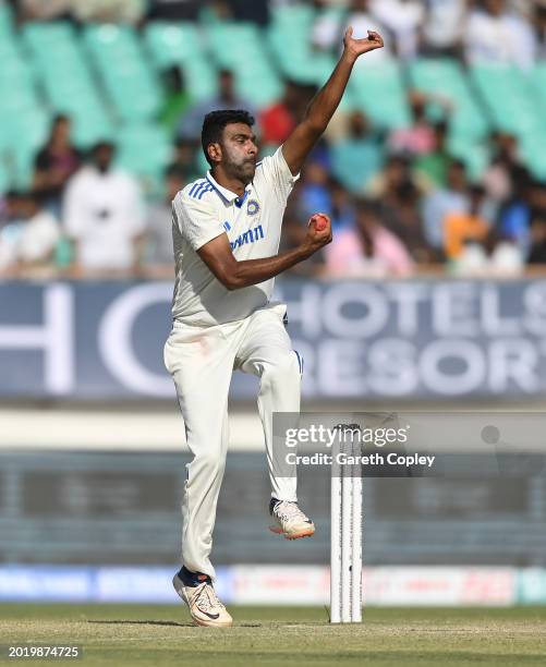 India bowler Ravi Ashwin in bowling action after returning after missing day three during day four of the 3rd Test Match between India and England at...