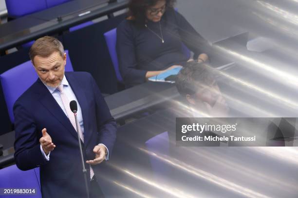 Federal Finance Minister Christian Lindner answers questions from parliamentarians during a Q&A session at the Bundestag on February 21, 2024 in...