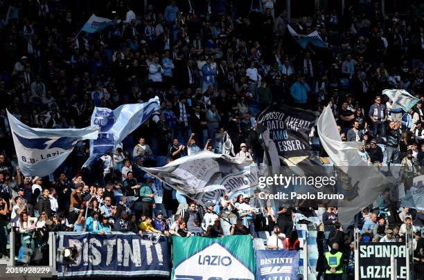 Lazio fans show their support prior to the Serie A TIM match between SS Lazio and Bologna FC at Stadio Olimpico on February 18, 2024 in Rome, Italy.