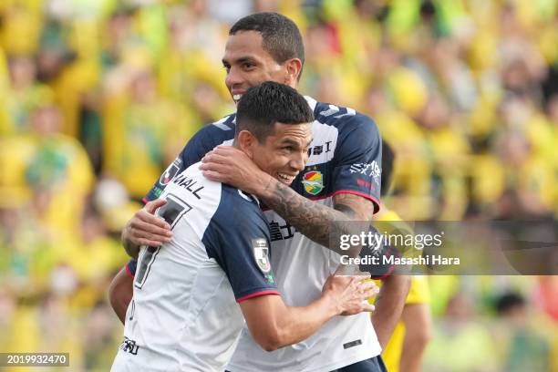 Dudu of JEF Unired Chiba celebrates the second goal with Hol Mendes during the preseason friendly match between Kashiwa Reysol and JEF United Chiba...