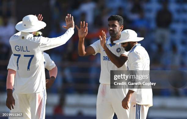 India bowler Ravi Ashwin celebrates with team mates after taking the wicket of Tom Hartley during day four of the 3rd Test Match between India and...