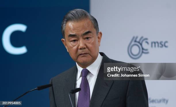Chinese Foreign Minister, Wang Yi, speaks during the 2024 Munich Security Conference on February 17, 2024 in Munich, Germany. The conference is...