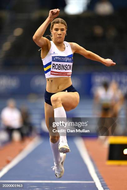 Lucy Robinson of Great Britain competes in the Women's Triple Jump Final during day two of the 2024 Microplus UK Athletics Indoor Championships at...