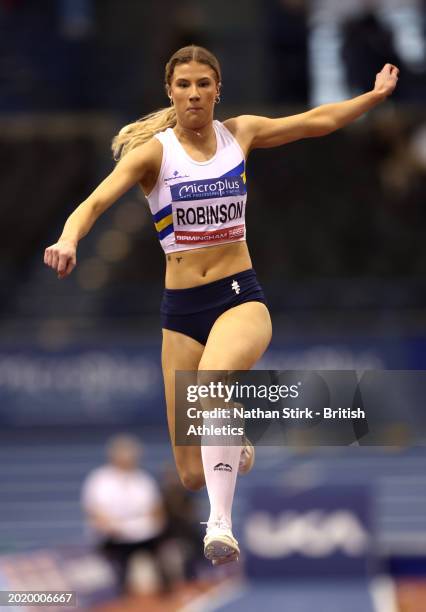 Lucy Robinson of Great Britain competes in the Women's Triple Jump Final during day two of the 2024 Microplus UK Athletics Indoor Championships at...