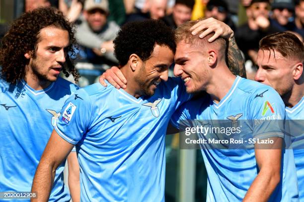 Gustav Isaksen of SS Lazio celebrates a opening goal during the Serie A TIM match between SS Lazio and Bologna FC - Serie A TIM at Stadio Olimpico on...