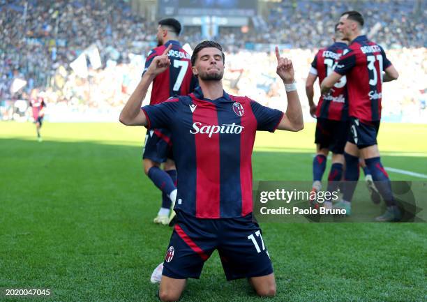 Oussama El Azzouzi of Bologna FC celebrates scoring his team's first goal during the Serie A TIM match between SS Lazio and Bologna FC at Stadio...