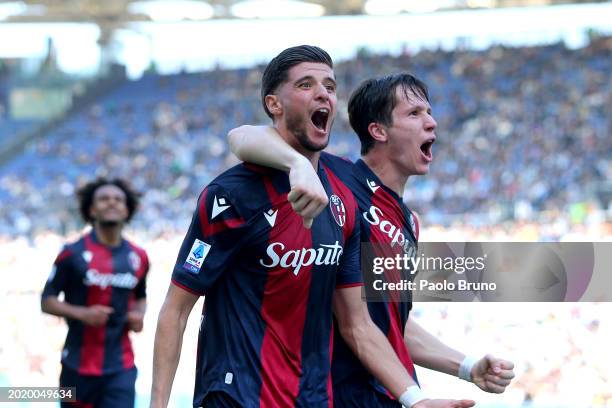 Oussama El Azzouzi of Bologna FC celebrates scoring his team's first goal during the Serie A TIM match between SS Lazio and Bologna FC at Stadio...