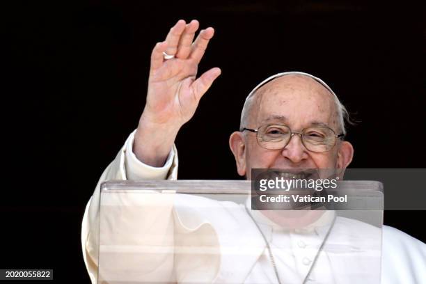 Pope Francis delivers his Sunday Angelus blessing from his studio overlooking St. Peter's Square on February 18, 2024 in Vatican City, Vatican. Pope...