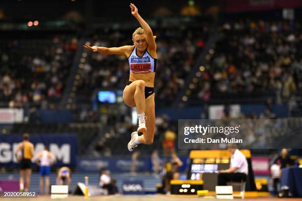 Jasmine Hulland of Great Britain competes in the Women's Triple Jump Final during day two of the 2024 Microplus UK Athletics Indoor Championships at...