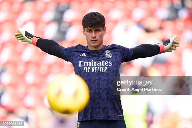 Kepa Arrizabalaga of Real Madrid warms up prior to the LaLiga EA Sports match between Rayo Vallecano and Real Madrid CF at Estadio de Vallecas on...