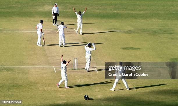 India bowler Ravindra Jadeja celebrates after taking the final wicket of Mark Wood to win the game during day four of the 3rd Test Match between...