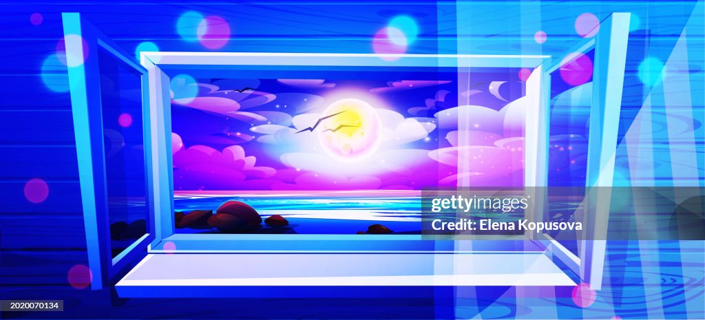 Vacation and tourism concept in cartoon style. An open window with a curtain against the backdrop of a night summer seascape with a full moon.