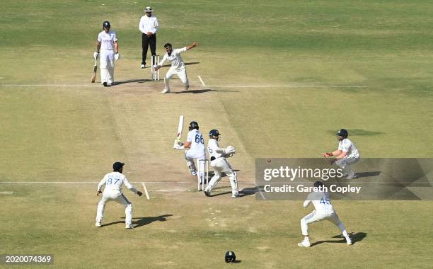 Ravindra Jadeja of India successfully appeals for the wicket of Joe Root of England during day four of the 3rd Test Match between India and England...