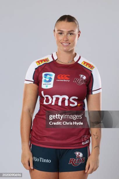 Deni Ross poses during the Queensland Reds 2024 Super Rugby Women headshots session at the National Rugby Training Centre on February 14, 2024 in...