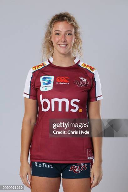 Lucy Thorpe poses during the Queensland Reds 2024 Super Rugby Women headshots session at the National Rugby Training Centre on February 14, 2024 in...