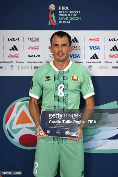 Ihar Bryshtsel poses after being presented with the Player of the Match award following during the FIFA Beach Soccer World Cup UAE 2024 Group C match...