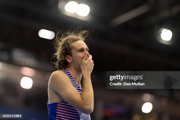 William Grimsey of Great Britain reacts during the Men's High Jump Final on day two of the 2024 Microplus UK Athletics Indoor Championships at...