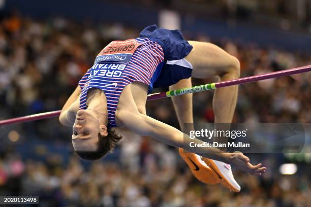 William Grimsey of Great Britain competes in the Men's High Jump Final during day two of the 2024 Microplus UK Athletics Indoor Championships at...