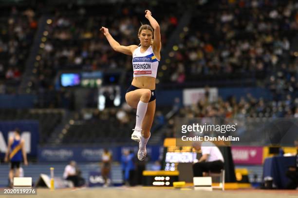 Lucy Robinson of Great Britain competes in the Women's Triple Jump Final during day two of the 2024 Microplus UK Athletics Indoor Championships at...