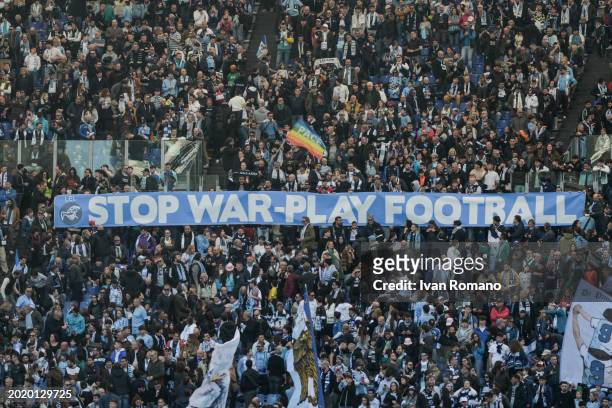An anti-war smear displayed by SS Lazio fans during the Serie A TIM match between SS Lazio and Bologna FC - Serie A TIM at Stadio Olimpico on...