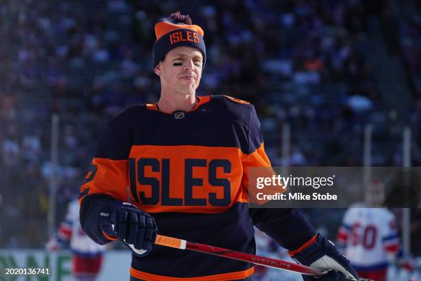 Mike Reilly of the New York Islanders warms-up prior to the start of the game against the New York Rangers at MetLife Stadium on February 18, 2024 in...
