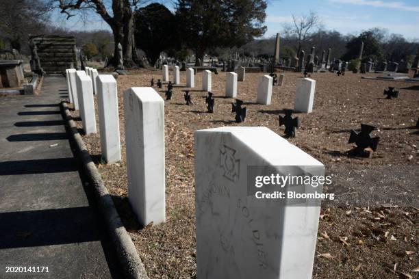 Headstones for unknown Confederate soldiers in Springwood Cemetery in Greenville, South Carolina, US, on Tuesday, Feb. 20, 2024. Donald Trump is on...