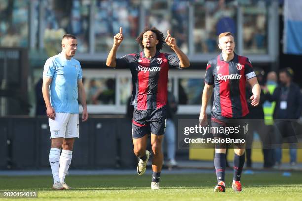 Joshua Zirkzee of Bologna FC celebrates scoring his team's second goal during the Serie A TIM match between SS Lazio and Bologna FC at Stadio...