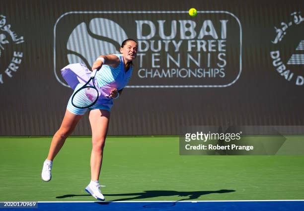 Jelena Ostapenko of Latvia in action against Anna Kalinskaya in the third round on Day 4 of the Dubai Duty Free Tennis Championships, part of the...