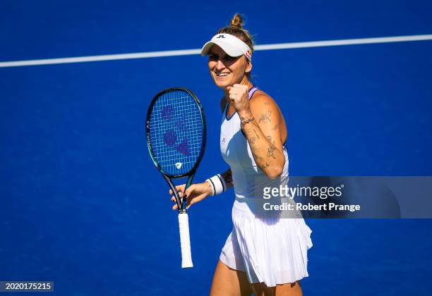 Marketa Vondrousova of the Czech Republic in action against Liudmila Samsonova in the third round on Day 4 of the Dubai Duty Free Tennis...