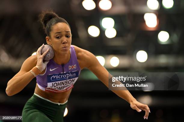 Katarina Johnson-Thompson of Great Britain competes in the Women's Shot Put Final during day two of the 2024 Microplus UK Athletics Indoor...