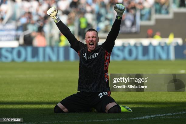 Lukasz Skorupski goalkeeper of Bologna FC celebrates after goal 1-2 during the Serie A TIM match between SS Lazio and Bologna FC - Serie A TIM at...