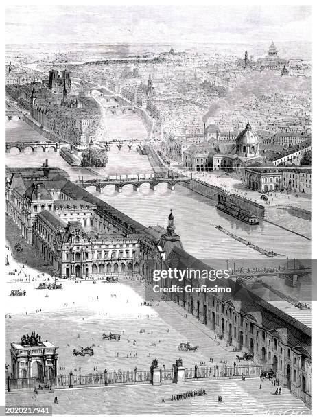 panorama of paris with louvre engraving 1856 - boulevard saint germain stock illustrations