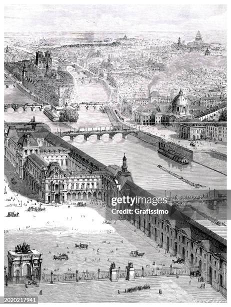 Panorama Of Paris With Louvre Engraving 1856 High-Res Vector Graphic