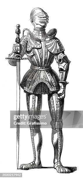 stockillustraties, clipart, cartoons en iconen met knight in suit of armor of maximilian i engraving 1856 - rond de 15e eeuw