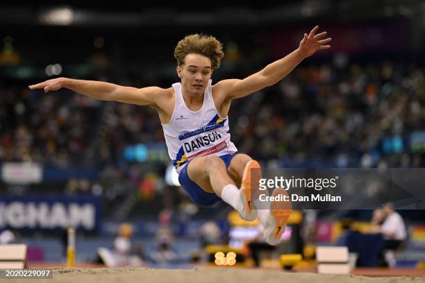 Sam Danson of Great Britain competes in the Men's Long Jump Final during day two of the 2024 Microplus UK Athletics Indoor Championships at Utilita...