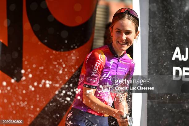 Niamh Fisher-Black of New Zealand and Team SD Worx-Protime celebrates at podium as third place winner during the 8th Setmana Ciclista - Volta...