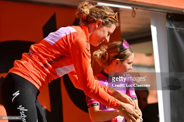 Race winner Marlen Reusser of Switzerland and Team SD Worx-Protime - Orange Leader Jersey and Niamh Fisher-Black of New Zealand and Team SD...