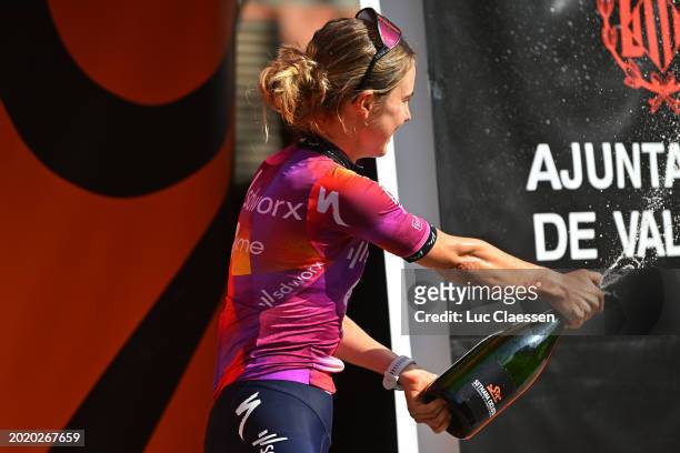 Niamh Fisher-Black of New Zealand and Team SD Worx-Protime celebrates at podium as third place winner during the 8th Setmana Ciclista - Volta...