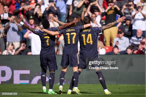 Joselu Mato of Real Madrid CF celebrates after scoring his team's first goal during the LaLiga EA Sports match between Rayo Vallecano and Real Madrid...