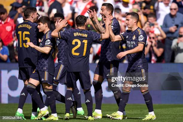 Joselu Mato of Real Madrid CF celebrates after scoring his team's first goal during the LaLiga EA Sports match between Rayo Vallecano and Real Madrid...