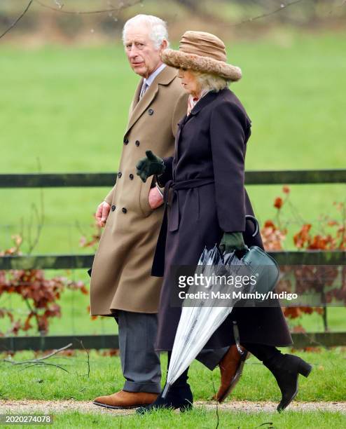 King Charles III and Queen Camilla attend the Sunday service at the Church of St Mary Magdalene on the Sandringham estate on February 18, 2024 in...