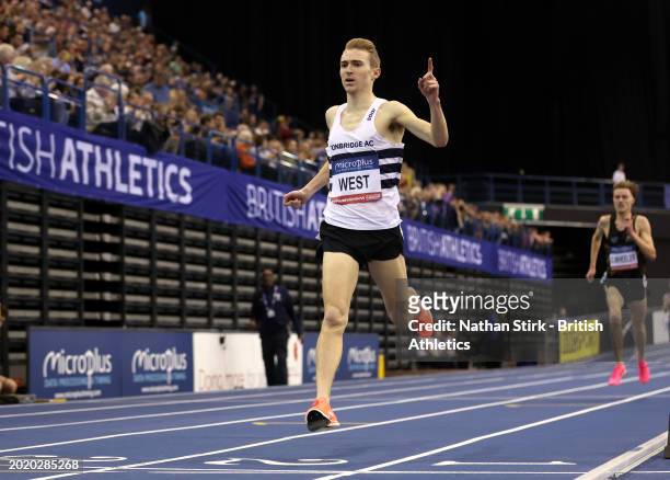 Gold medalist, James West of Great Britain, crosses the line in the Men's 3000m Final during day two of the 2024 Microplus UK Athletics Indoor...