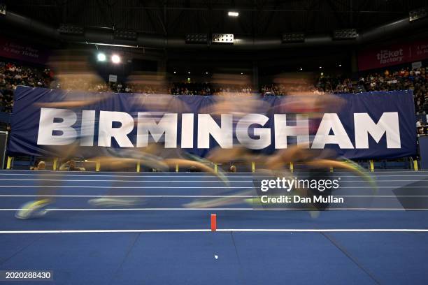 Athletes compete in the Men's 3000m Final during day two of the 2024 Microplus UK Athletics Indoor Championships at Utilita Arena Birmingham on...