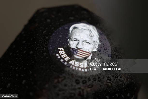 Sticker calling for the release of WikiLeaks founder Julian Assange, is pictured outside The Royal Courts of Justice, Britain's High Court, in...