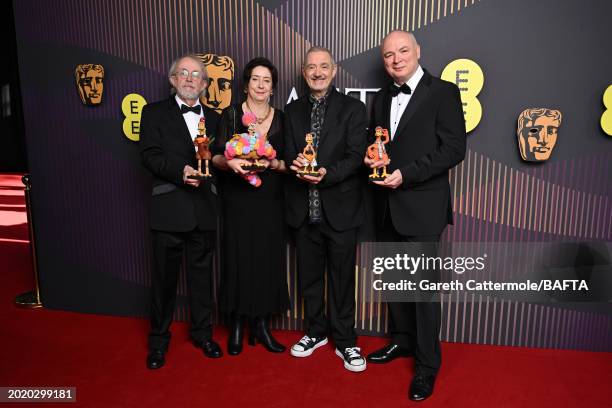 Peter Lord, Carla Shelley, Sam Fell and Steve Pegram attend the EE BAFTA Film Awards 2024 at The Royal Festival Hall on February 18, 2024 in London,...