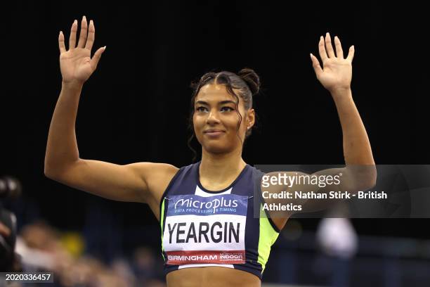 Nicole Yeargin of Great Britain acknowledges the crowd ahead of the Women's 400m Final on day two of the 2024 Microplus UK Athletics Indoor...