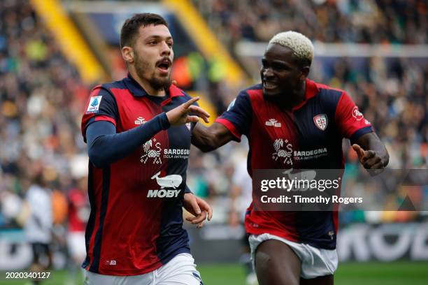 Gianluca Gaetano of Cagliari celebrates scoring a goal with teammate Zito Luvumbo during the Serie A TIM match between Udinese Calcio and Cagliari -...