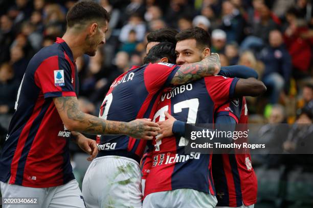 Gianluca Gaetano of Cagliari celebrates scoring a goal with teammates during the Serie A TIM match between Udinese Calcio and Cagliari - Serie A TIM...