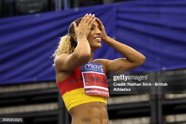 Gold medalist, Laviai Nielsen of Great Britain, reacts after victory in the Women's 400m Final during day two of the 2024 Microplus UK Athletics...